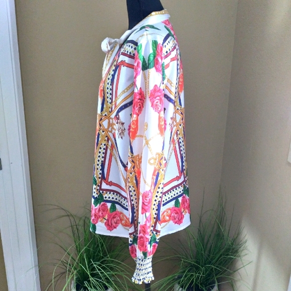 Women's Long Sleeve V-NECK Tie Multi-Color Flower Print Shirt-Size Large - Picture 3 of 10